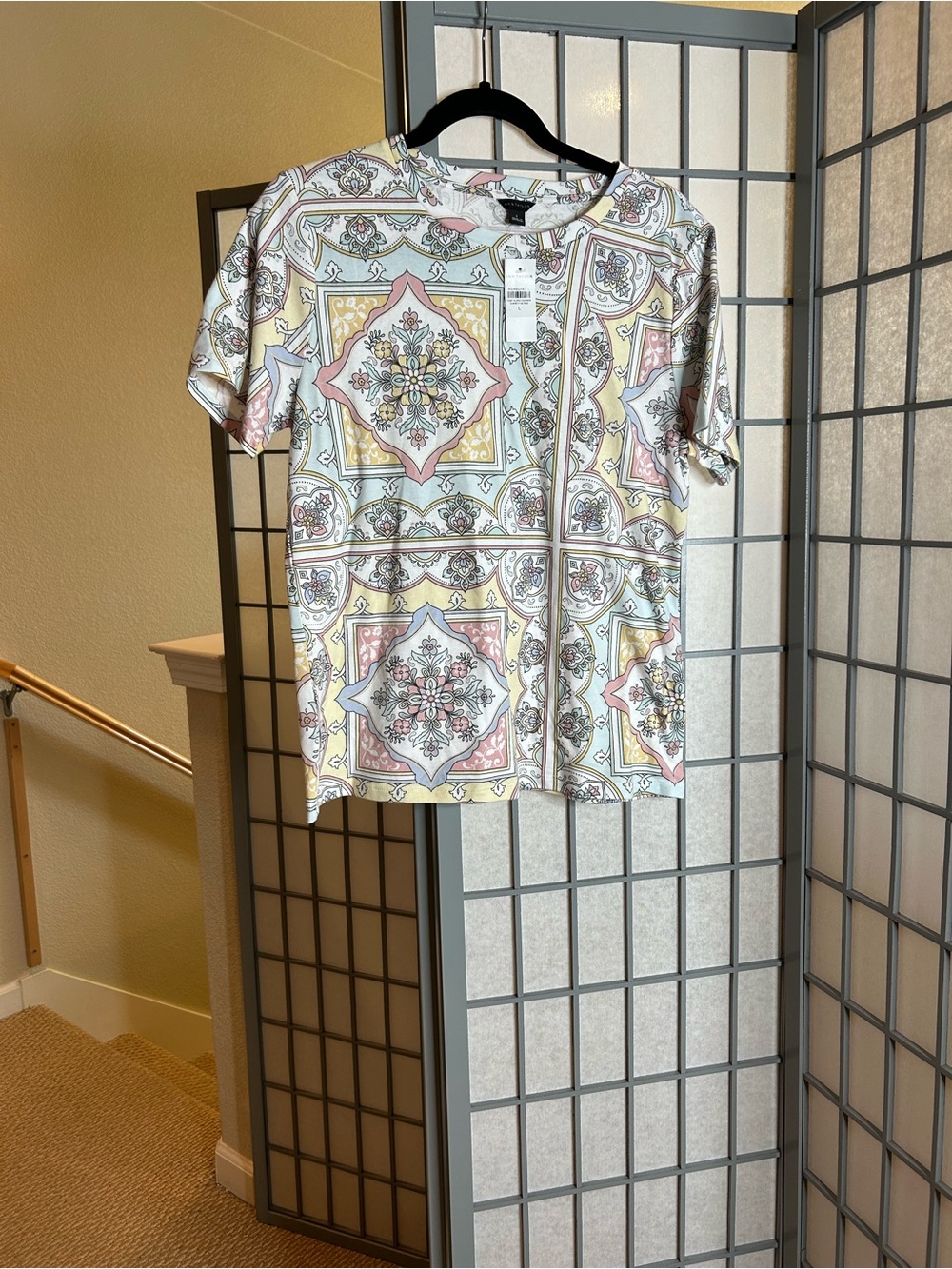 NWT Ann Taylor Short-Sleeve Tile-Print Shirt in Cream, Pink, Yellow, Blue